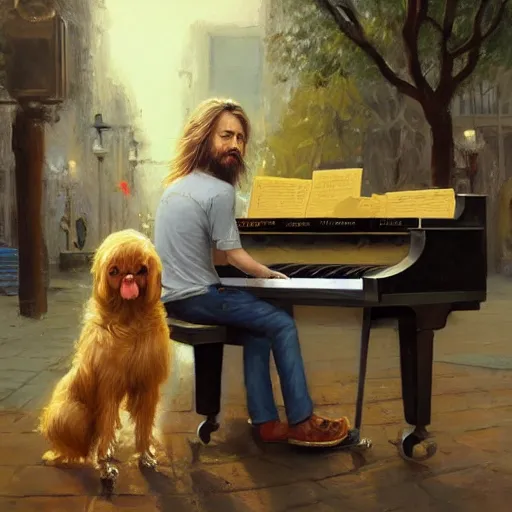 Image similar to oil painting of a young man with long hair blond and a beard hippie style with his golden retrever dog playing piano in the square for money, people watching around, by greg rutkowski, artstation