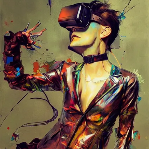 Image similar to grinning woman in a vr headset wearing leather outfit, dynamic energic pose, cyberpunk in the style of adrian ghenie, esao andrews, jenny saville, surrealism, dark art by james jean, takato yamamoto