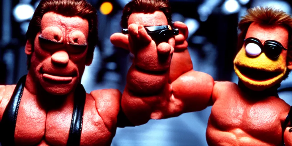 Image similar to arnold schwarzenegger as a muppet, the terminator, film still, high quality, hd, 4 k