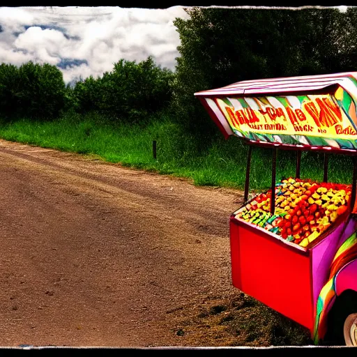 Image similar to colorful ( pop rock candy ), fruit stand on the side of a serene country dirt road, dramatic color, hdr, partly cloudy, 8 k, 4 k, trending on artstation cgsociety, octane ue 5