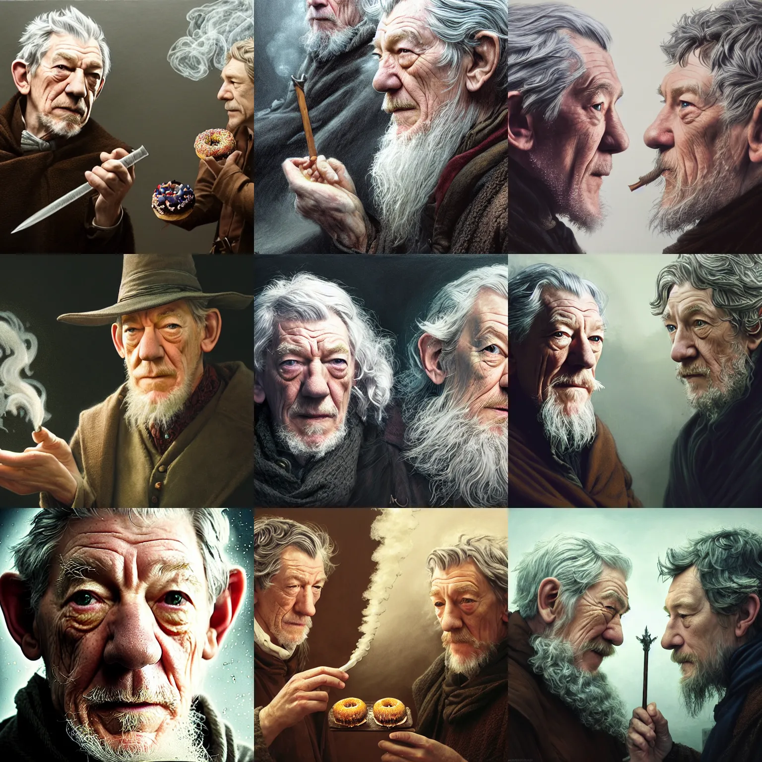 Prompt: close up portrait of ian mckellen as gendalf and martin freeman as bilbo, face to face, smoke pipes and sending fog donuts, deep focus, d & d, fantasy, intricate, elegant, highly detailed, digital painting, artstation, concept art, matte, sharp focus, illustration, hearthstone, art by artgerm and greg rutkowski and alphonse mucha