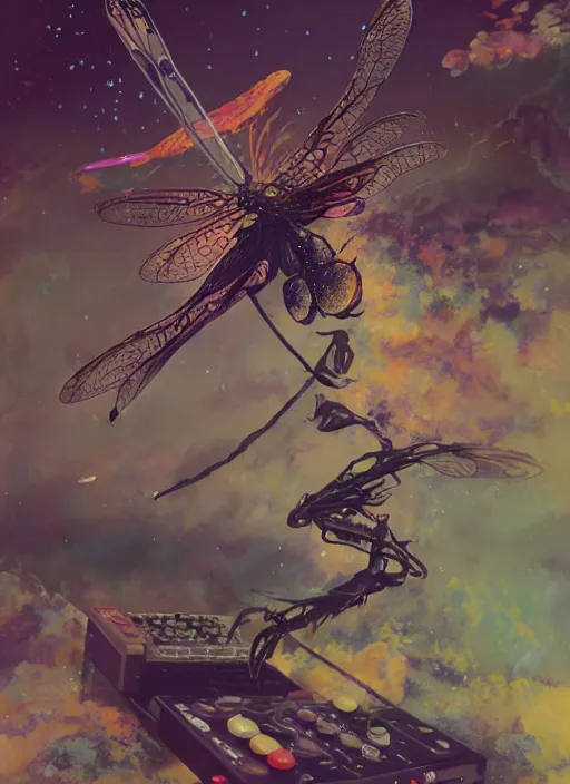 Image similar to surreal gouache painting, by yoshitaka amano, by ruan jia, by Conrad roset, by good smile company, detailed anime 3d render of a magical Dragonfly flying over a flying disco Vinyl, DJ Mixer, deck , controller, portrait, cgsociety, artstation, rococo mechanical and Digital and electronic, dieselpunk atmosphere