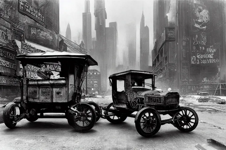 Image similar to cyberpunk 1 9 0 8 model ford t by paul lehr, metropolis, parked by view over city, vintage film photo, robotic, silent movie, black and white photo