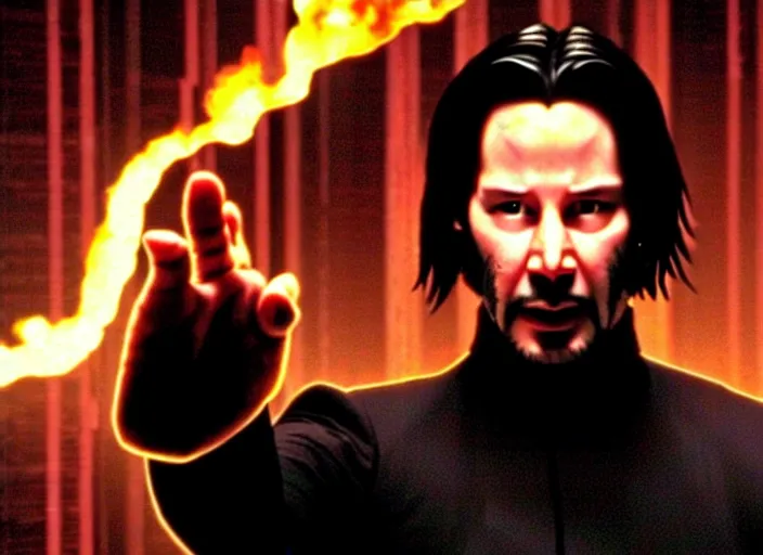 Image similar to A photo of Keanu Reeves as Neo in The Matrix movie doing a thumb up to the camera in front on burning servers, servers in flames in the background, doing a thumb up, uncropped, full body, crispy, ultra detailed, cinematic