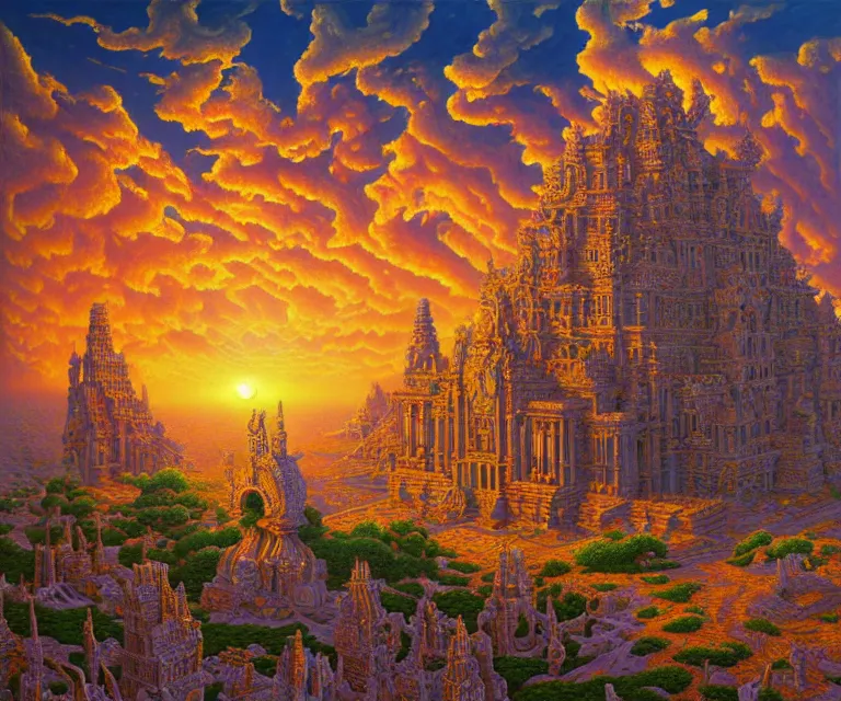 Image similar to hyper detailed 3d render like a Oil painting - ornate temple of the sun, dramatic sky in background, radiant, by Jacek Yerka, Mariusz Lewandowski, Houdini algorithmic generative render, Abstract brush strokes, Masterpiece, Edward Hopper and James Gilleard, Zdzislaw Beksinski, Mark Ryden, Wolfgang Lettl, hints of Yayoi Kasuma, octane render, 8k