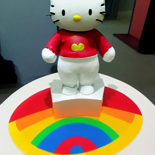 Image similar to Hello kitty standing on a rainbow,