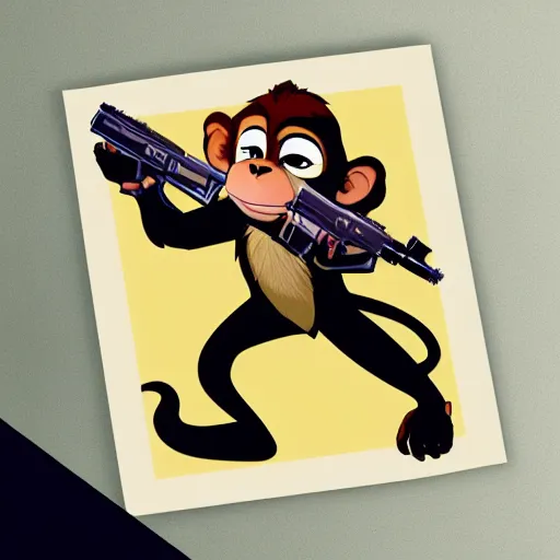 Image similar to “ logo of a monkey in the style of zootopia holding laser gun, with a black background, digital art, award winning, trending on art station, retro style ”