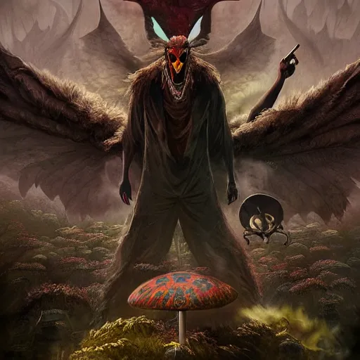 Image similar to scary , epic , Post-processing , low angle , Greg rutkowski legendary matte painting , masterpiece , 8K centered headshot Portrait of a psychedelic godlike mothman posing with a cigar with giant mandala wings smoking a hand-rolled cigarette smoking heavily , magic mushroom village in background , post-processing , award winning. superb resolution. in the art style of Satoshi Kon and Greg Rutkowski , Detailed Mushroom city in background , Hyper realistic anime , Perfect art , Dalle2