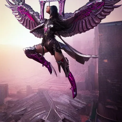 Prompt: woman valkyrie with pink metal wings, celtic and cyberpunk armor, cityscape, flying, high detail, sharp focus, silver cyber armor, art by artgerm and greg rutkowski, digital painting, smooth render, octane render, unreal engine 5,