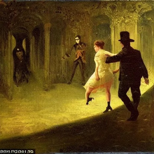 Prompt: young victorian man and woman traversing a dark maze while being followed by a horrible monster, painted by alfred stevens