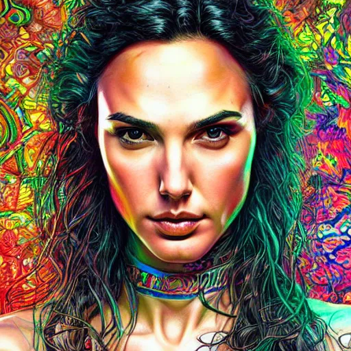 Prompt: portrait of gal gadot, hyper detailed masterpiece, neon floral pattern, jean giraud, digital art painting, darkwave goth aesthetic, psychedelic, artgerm, donato giancola and tom bagshaw