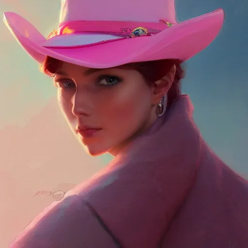 Image similar to Pink cowboy hat, highly detailed, digital painting, artstation, concept art, smooth, sharp focus, illustration, art by artgerm and greg rutkowski and alphonse mucha