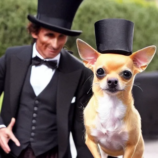 Prompt: a chihuahua wearing a top hat walking Matthew McConaughey on a tightrope