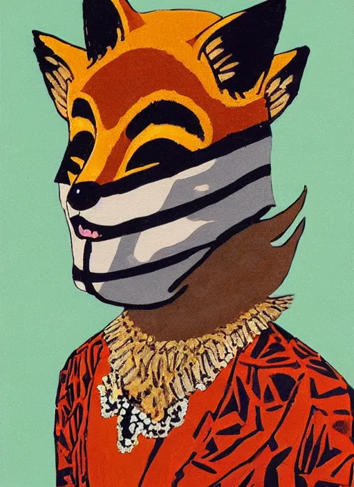 Prompt: an extreme close - up low angle portrait of the young extravagantly dressed queen in a fox mask in a scenic representation of mother nature and the meaning of life by billy childish, thick visible brush strokes, shadowy landscape painting in the background by beal gifford, vintage postcard illustration, minimalist cover art by mitchell hooks