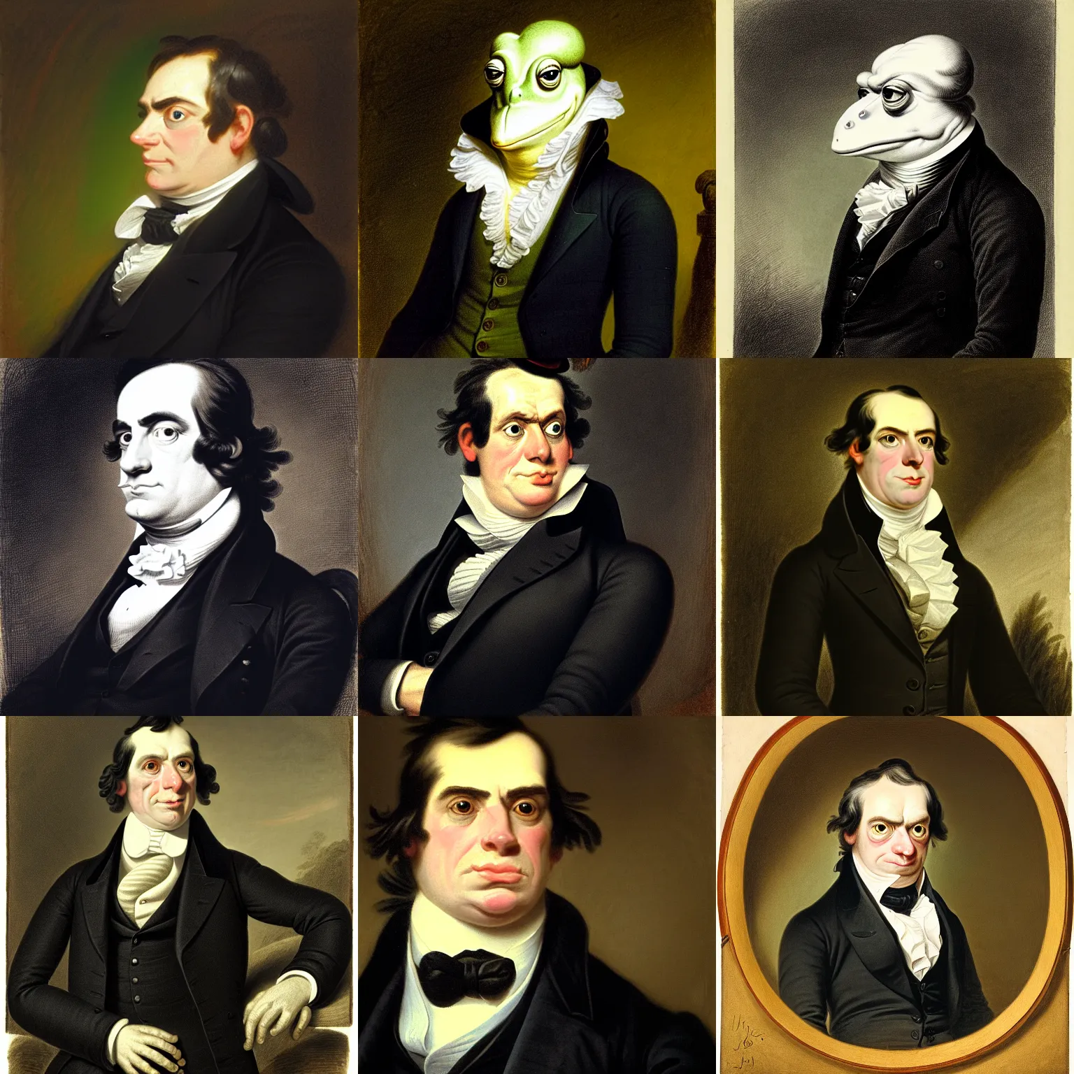 Prompt: a head and shoulders portrait of an anthropomorphic frog wearing a suit looking off camera, a character portrait by john trumbull, american romanticism, soft focus