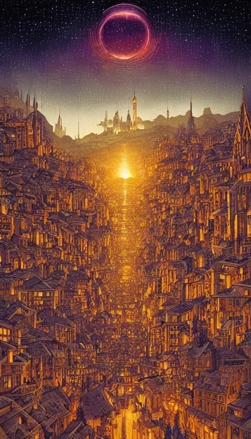 Prompt: The starlit city of wisdom and dreams at sunset, da vinci, Dan Mumford, Josan Gonzalez