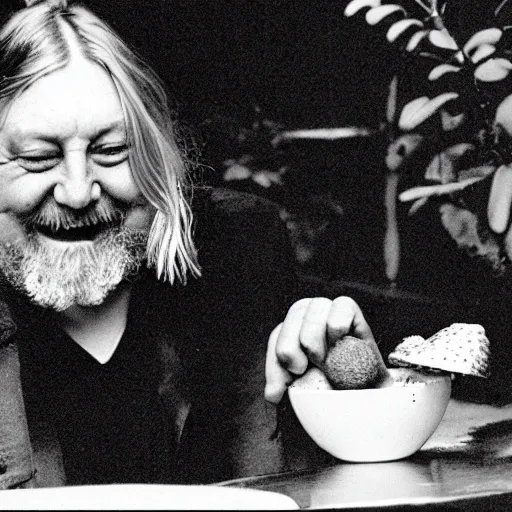 Image similar to robert wyatt smiling with open mouth, staring at his bowl of amanita mushrooms