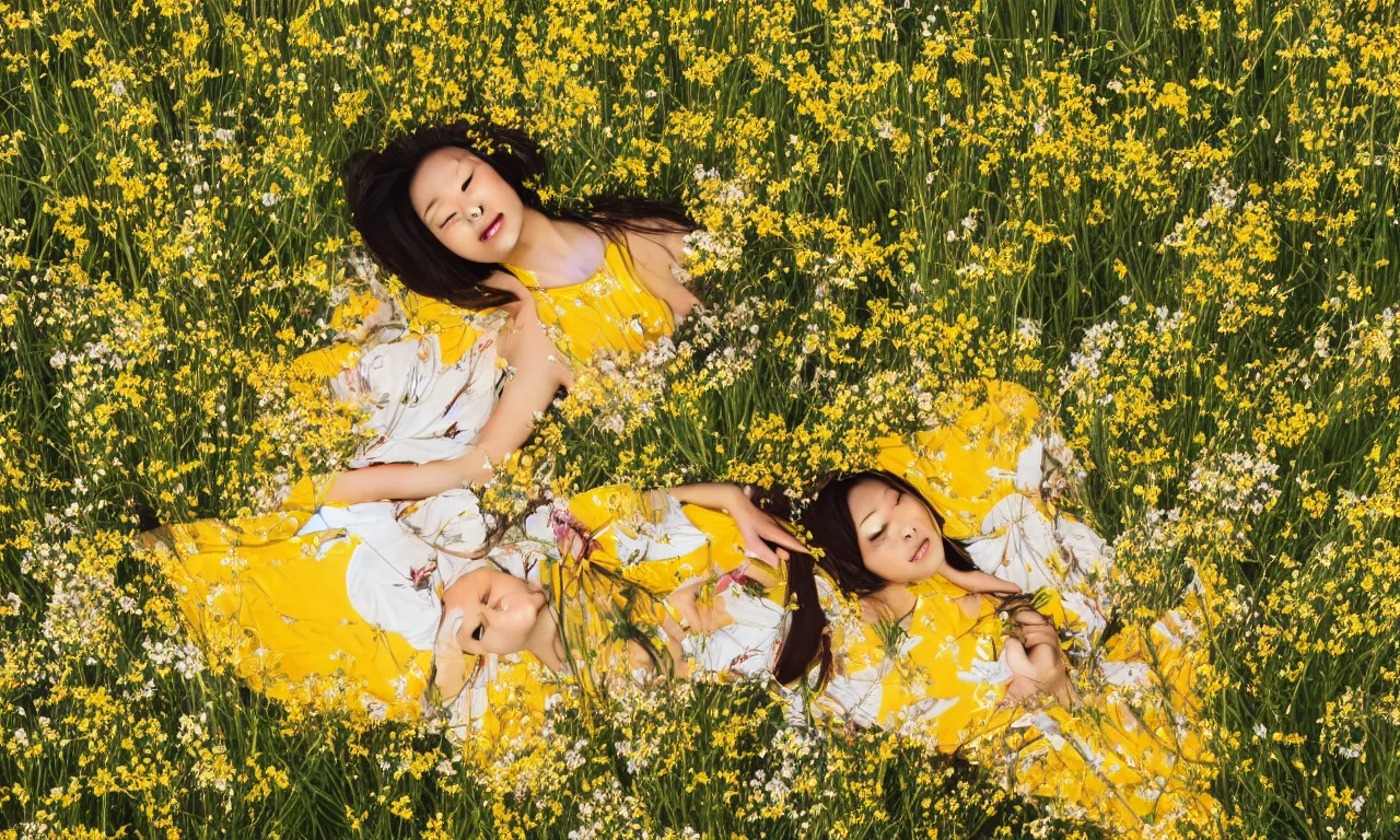 Image similar to a beautiful Asian woman lying in a field of wildflowers, wearing a yellow and white sun dress, close, dreamy