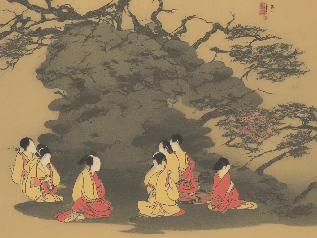 Image similar to four people meditation near a spring, by ohara koson
