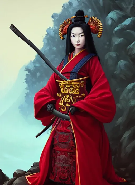 Image similar to portrait of a deadly samurai queen in blood red robes, hyperborea lemuria, legendary, pixar doll decollete deep focus, d & d, fantasy, intricate, elegant, highly detailed, digital painting, artstation, concept art, matte, sharp focus, illustration, hearthstone, art by rhads by artgerm and greg rutkowski and alphonse mucha