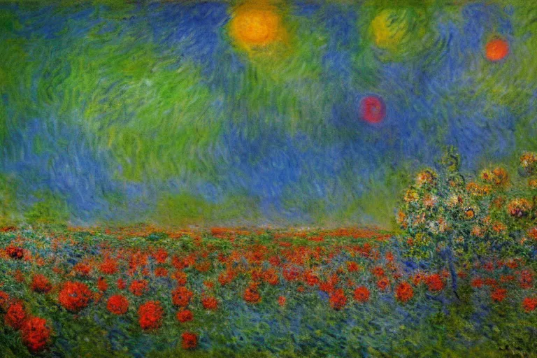 Image similar to Claude Monet oil painting of an extraterrestrial planet with exotic alien flora, vivid colors, unimaginable, breathtaking, masterpiece