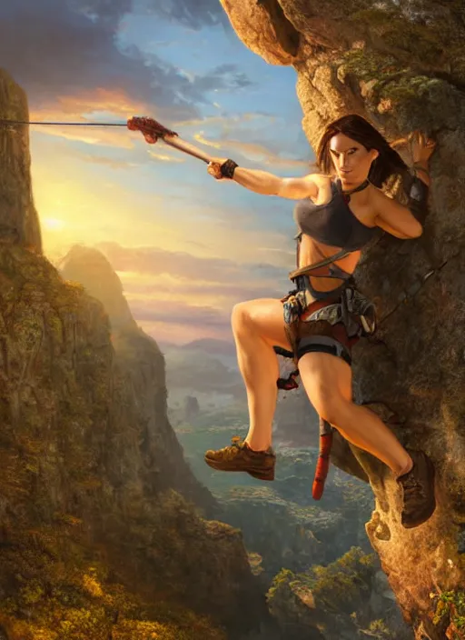 Image similar to Lara Croft climbing a rock, golden hour, Lilia Alvarado, Sophie Anderson, Mark Arian, Bob Byerley, Charlie Bowater, Mark Brooks, Steve Henderson, Justin Gerard, Arthur Hughes, Edward Robert Hughes, Mark Keathley, Victor Nizovtsev, Carlos Shwabe, Ross Tran, WLOP