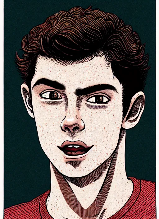 Prompt: portrait of teenage archie andrews, freckles, curly hair, intricate, highly detailed, illustration, art by junji ito, junji ito