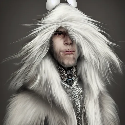 Image similar to portrait of a cartoon white panter with a very long fur and silver hat, fantasy, trending on artstation, heroic pose, illustration, highly detailed, simple, 8k