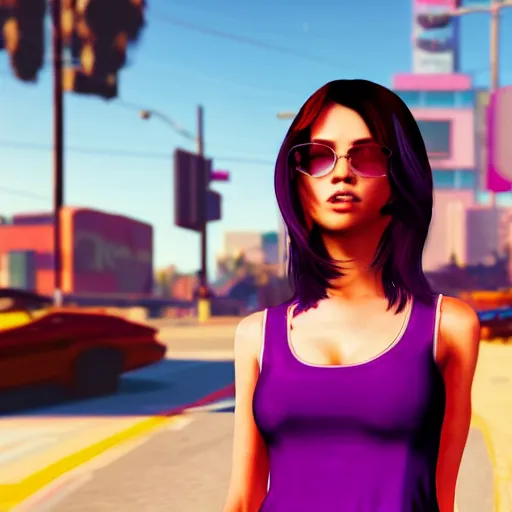 Image similar to a stunning GTA V loading screen with a beautiful woman with ombre hairstyle in purple and pink blowing in the wind, tanktop and skirt, city streets, digital art, trending on artstation