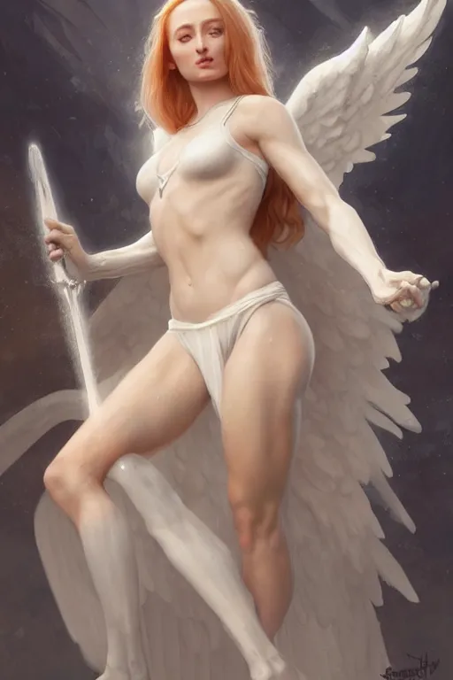 Prompt: Sophie Turner as a Heavenly Angel,anatomy, only two hands, highly detailed, digital painting, artstation, concept art, smooth, sharp focus, illustration, Unreal Engine 5, 8K, art by art by artgerm and greg rutkowski and edgar maxence