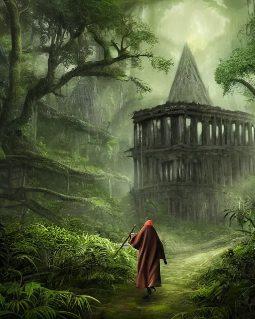 Prompt: a wise wizard walking towards an ominous ruin in a densely overgrown, eerie jungle, fantasy, stopped in time, dreamlike light incidence, ultra realistic