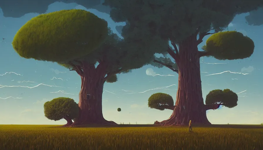 Image similar to floating black hexagons in the sky, wheat harvesting, big tree, person, matte painting, art station, blue sky, simon stalenhag