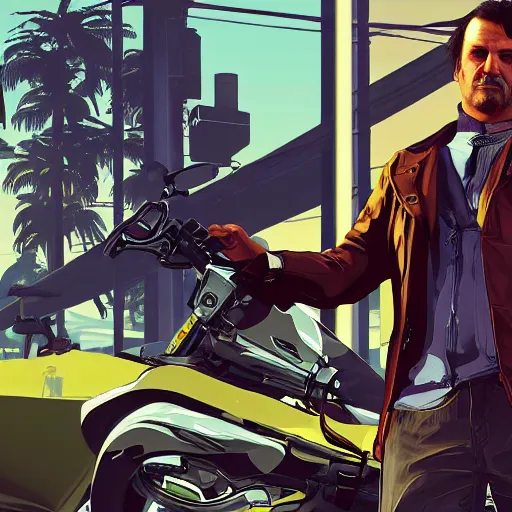 Prompt: Hideo Kojima in GTA 5, cover art by Stephen Bliss, boxart, loading screen