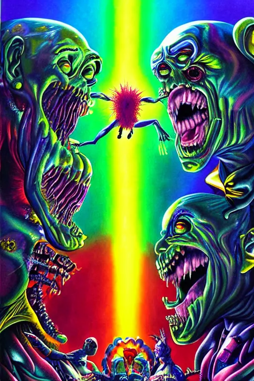 Image similar to a hyperrealistic painting of a boss fight against evil rainbow bright, cinematic horror by chris cunningham, lisa frank, richard corben, highly detailed, vivid color,