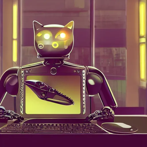 Image similar to a metallic robotic cyborg cat eating!!! a computer mouse, cyberpunk, digital art, 8 k, trending on artstation