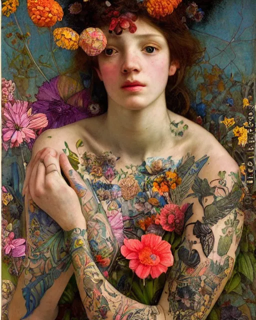 Prompt: a beautiful girl with intricate colourful tattoos surrounded by colourful flowers, by edgar maxence and caravaggio and michael whela, dramatic lighting, artistic, intricate drawing, light brazen, realistic fantasy, extremely detailed and beautiful aesthetic face, 8 k resolution, dramatic lighting