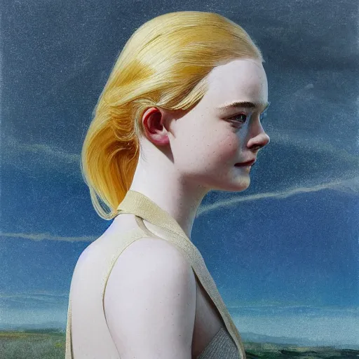 Prompt: Elle Fanning as an Android, head and shoulders masterpiece, oil on canvas, golden hour, in the world of Andrew Wyeth and Bruce Pennington, artstation, by J. C. Leyendecker and Peter Paul Rubens,