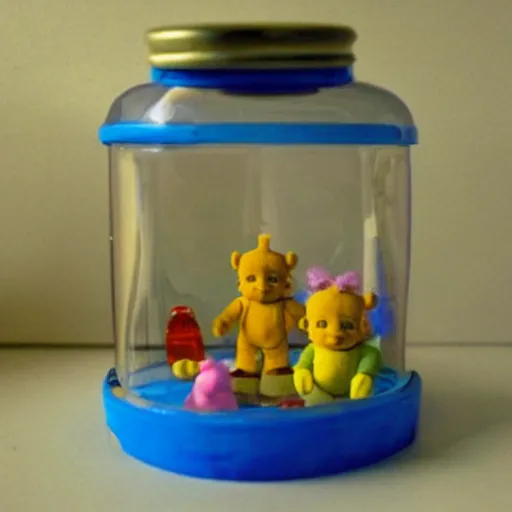 Prompt: teletubbies dollhouse inside a glass bottle