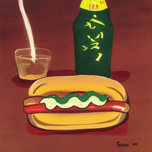 Prompt: high quality vintage brush painting of hot dog and coke by sakano ue no tamura maro