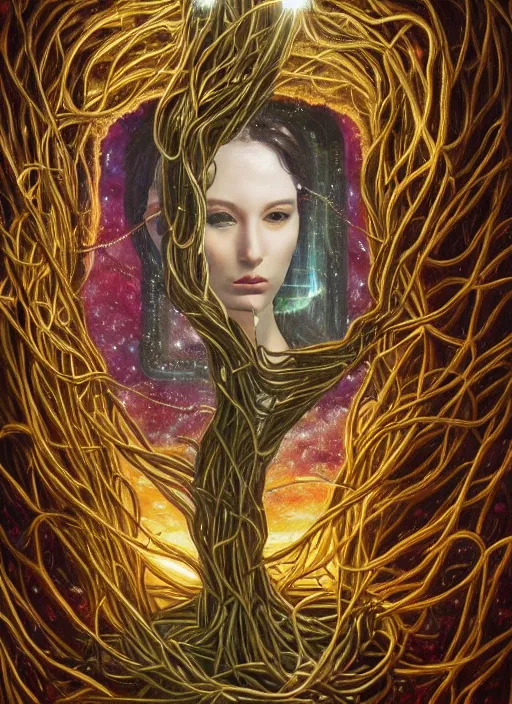 Image similar to oil painting of symmetric android woman immersed in the mystical tree, druid goddess, retro futurism, renaissance painting, baroque, steampunk, golden jewellery, shining crystals, cords and wires, vr googles, filigree, biomechanics, cinematic light, 8 k