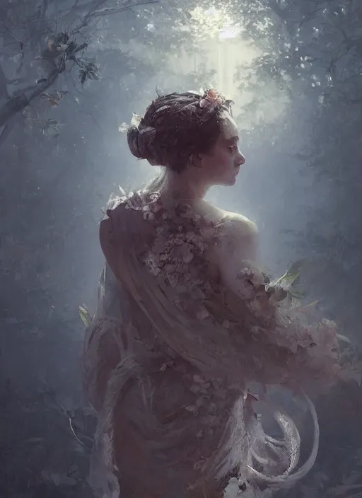 Image similar to female goddess of magnolias, beautiful face, rule of thirds, intricate outfit, backlit, by greg rutkowski, by jeremy mann, digital painting