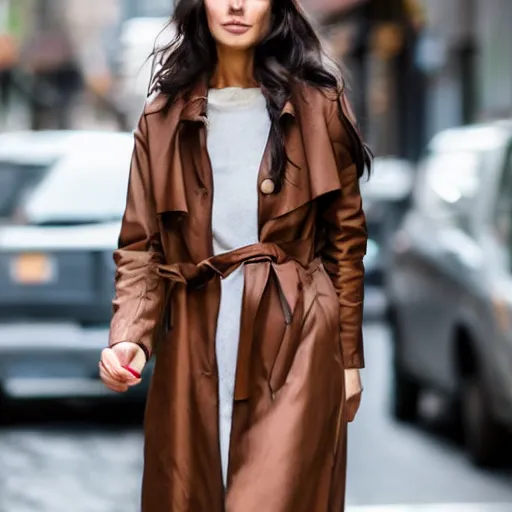 Image similar to portrait of a woman wearing dark brown trench coat with dark brown long hair with bangs walking in new york city