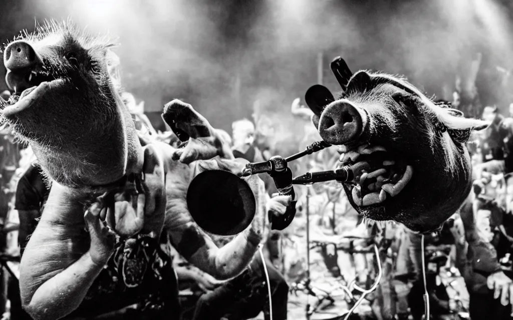 Prompt: a pig screaming on the microphone in a grindcore show