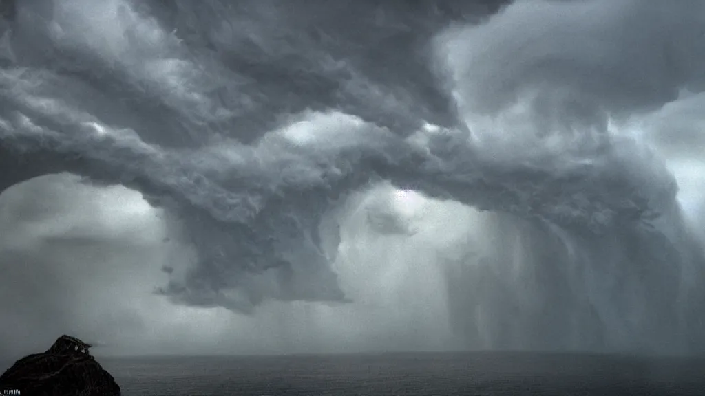 Image similar to falcor close - up, the long bodied luck dragon, looking for atreyu, looking down at the shoreline in a epic thunderstorm. the neverending story. cinematic still matte eighties hdri upscale rutkowski cinema still