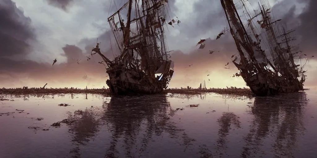 Image similar to shipwrecked spanish galleon, mast and tattered sails, sinking in the mekong delta, sunset, clouds, stormy sea, wrecked sunken pirate ship, tall mast, shipwreck, deconstructed ship, pirate, ghost ship, vietnamese fishing boats, cinematic lighting, hyper realistic, mist, octane render, 8 k, frontlit hyper detailed, ripples, reflections