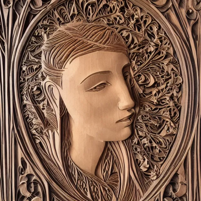 Image similar to a 3 d bas - relief wooden art nouveau carved sculpture of a young millie bobby brown or alicia vikander with long hair blowing in the wind, in front of a delicate tracery pattern, intricate and highly detailed, well - lit, ornate, realistic