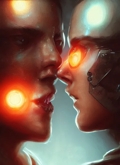 Image similar to ultra realistic close - up of a couple of cyborgs kissing, lovers, faces, cyberpunk, sci - fi, fantasy, led color, flare, soft light, night, highly detailed, digital painting, concept art, sharp focus, illustration, art by artgerm and greg rutkowski and h. r. giger,