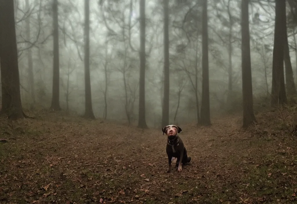 Prompt: low quality iphone photo of a cute pitbull standing ominously deep in the foggy woods with a demonic smile in his face, low visibility, grainy, creepy