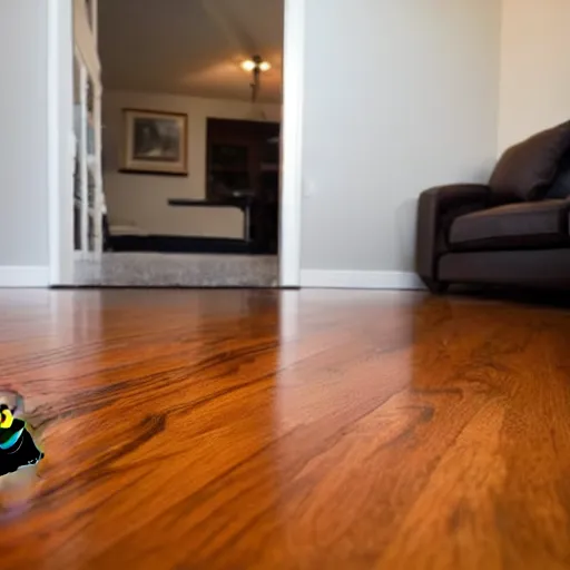 Prompt: Roomba with a Knife is Coming After You! Living Room Hardwood Floor, Low Angle, Dramatic