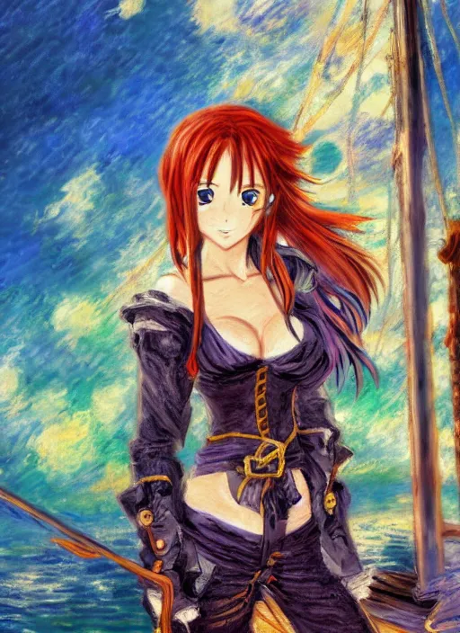 Image similar to a portrait of a female pirate, very anime in impressionist style, anime trending artwork, 4 k, anime painter studio, by claude monet